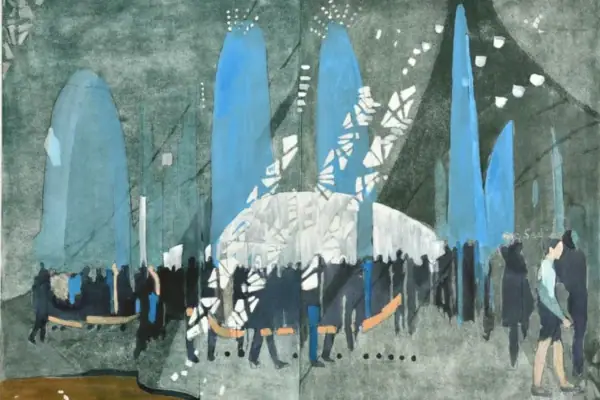 Ulrike Koch Ein Kunstwerk von Ulrike Koch mitSchatten von Menschen in einer Art Halle.