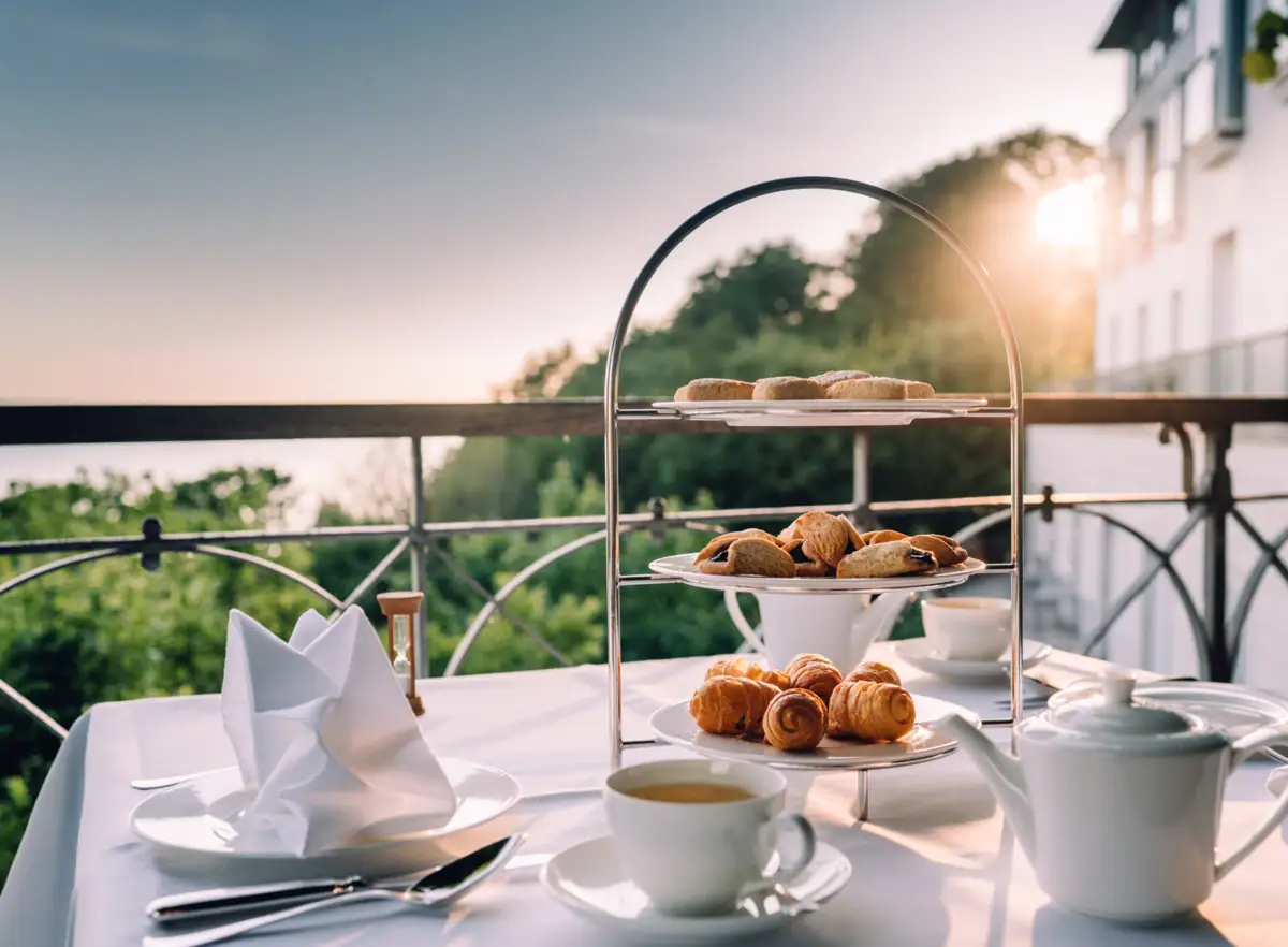Jacob Tea Time Gedeckter Tisch mit Elbblick und Etagere, Teekanne sowie Tassen.