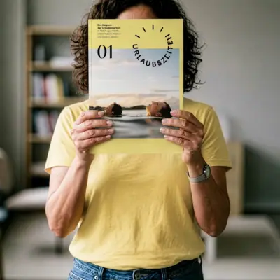 Une femme tient le magazine « Urlaubszeiten » devant son visage.